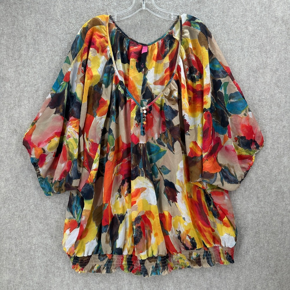 Floral Sheer Chiffon Blouse Smocked Hem Dolman Sleeve Multi Color Top 4X Boho
